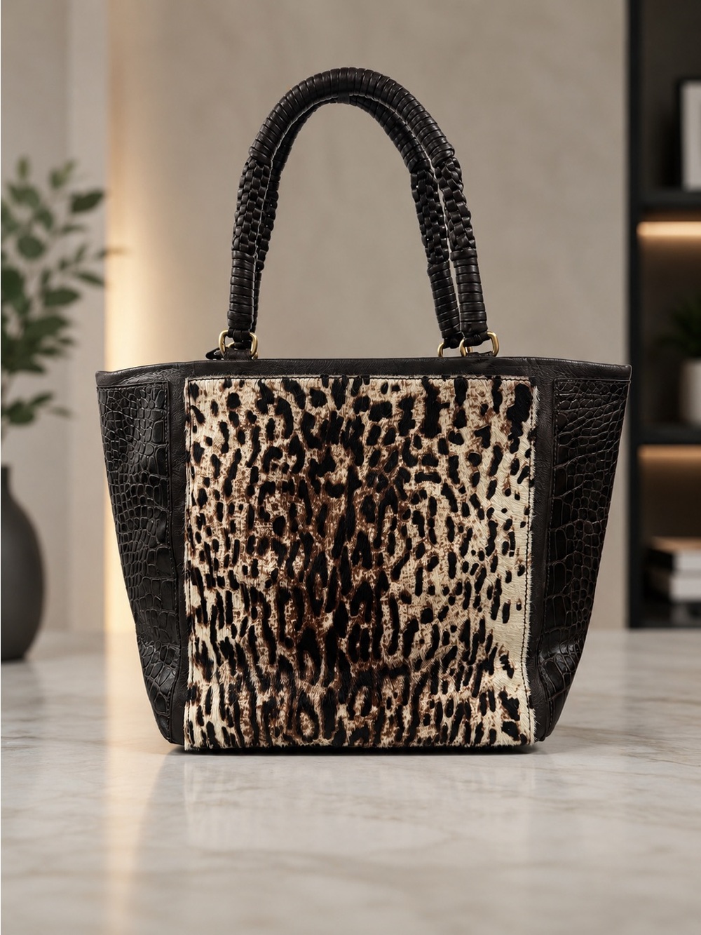 Ellie Tahari Black Pebbled Leather Toto Leopard Design Calf Hair Used ONCE EUC - Picture 3 of 7